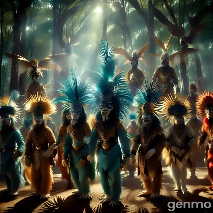 a group of people dressed in costume standing in a forest