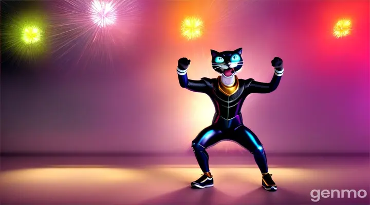 An anthropomorphic cat with a full-length human torso dances hip-hop and sings, opening and closing its mouth, against the backdrop of fireworks.