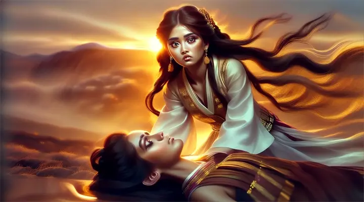 She had deep brown eyes, with the sunset glow reflecting on her features, softening the gold edges, yet a mixture of melancholy and reluctance was evident in her eyes., advertising style