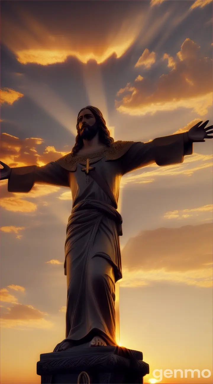 Jesus on the cross against a golden sunset, overcome with light,a full color en HD relación de aspecto 9 16 