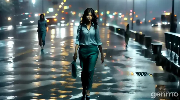 A lone Pakistani woman in a modern outfit of pants and a shirt walks down a deserted street, tears blurring the city lights in the rain-slicked 8K vista. The emptiness of the street echoes the absence of her boyfriend after their recent breakup.

