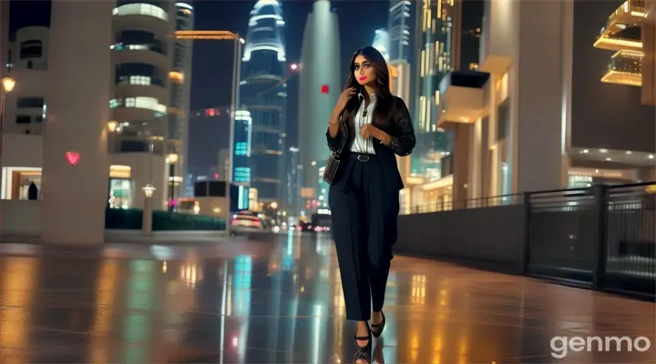 A lone Pakistani woman in a modern outfit of pants and a shirt walks down a sleek, upscale street in Dubai’s Downtown area. The rain-slicked pavement reflects the dazzling lights of towering skyscrapers and luxury boutiques in an 8K vista. Despite the bustling cityscape and the elegant crowd, she stands apart, her tears blurring the vibrant city lights as she grapples with the emptiness left by her recent breakup.
