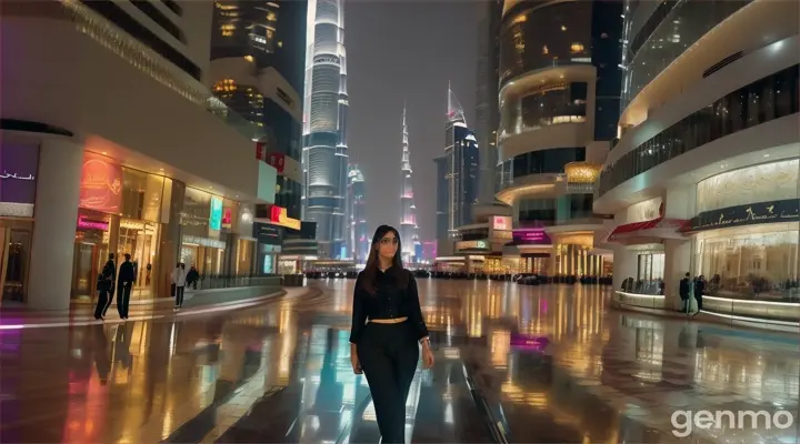 8K wide shot: A 22-year-old Pakistani woman in a modern outfit of pants and a shirt walks through Dubai’s Downtown area. The expansive view captures the sleek, rain-slicked street, illuminated by the dazzling lights of luxury boutiques and towering skyscrapers. The bustling crowd of sophisticated shoppers and sleek cars contrasts with her solitary figure. Her tears blur the vibrant city lights, emphasizing her sense of isolation amidst the grandeur and activity of the scene following her recent breakup.