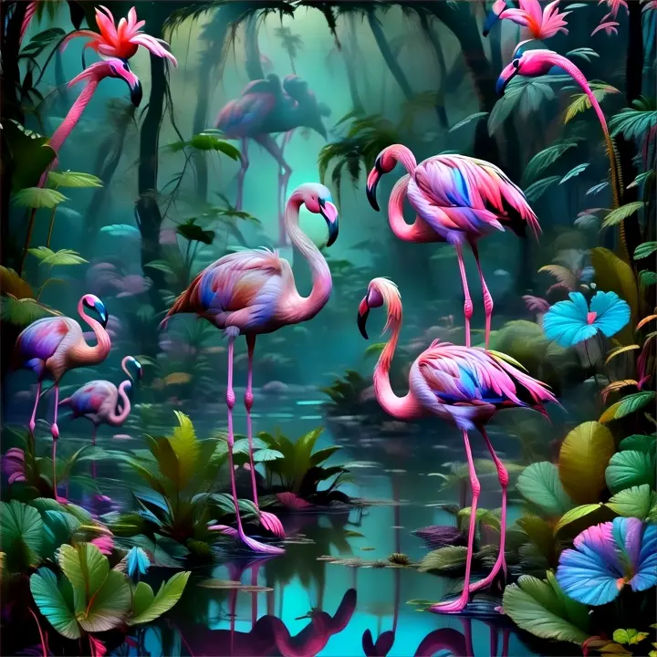 magic neon glowing flamingos  move there heads looking around in the jungle. fabulous flamingos everywhere.  beautiful.  gorgeous.  ultrarealistic, high definition, Attention to detail, Lifelike, amazing , advertising style