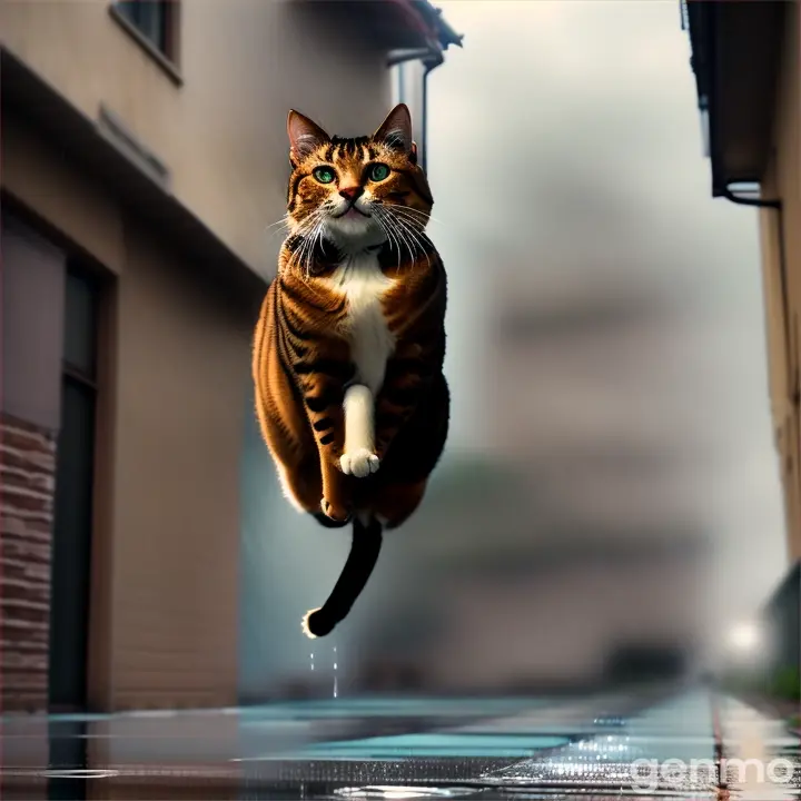 Bir sokakta iki evin çatısın ortasında büyükçe ay duruyor. Bir kedi bir evin çatısından önce ayın üzerine zıplıyor. Ayın üzerinde duruyor. Kedi daha sonra da diğer evin çatısına zıplıyor. Yağmur çok aşırı şiddetli ve büyük taneli yağıyor. 