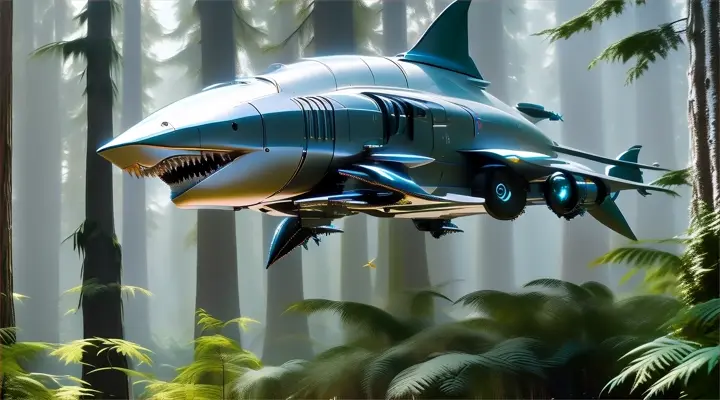 a robot shark flying fast through the middle of a forest