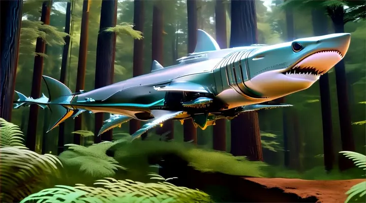 a robot shark flying fast through the middle of a forest, cinematic action, fast movement, undulatory swimming