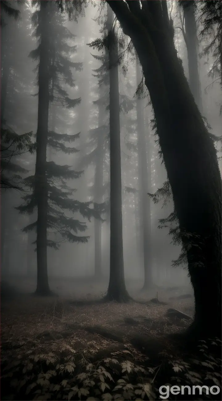 "Close-up of bushes with the sound of heavy footsteps coming from behind them."