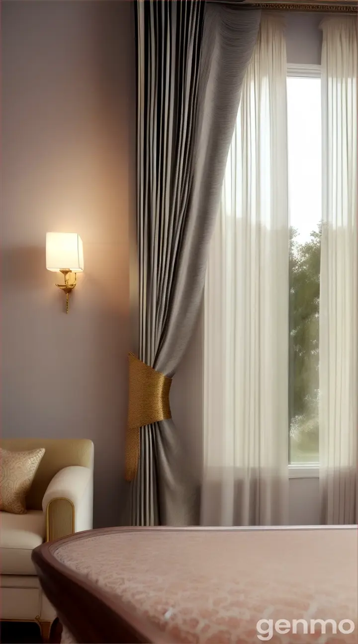 The living room has beautiful curtains.