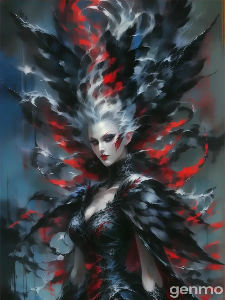 a painting of a woman with black and red feathers