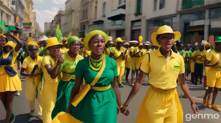 “a group of african people, dressed in yellow and green,chanting, protest”
