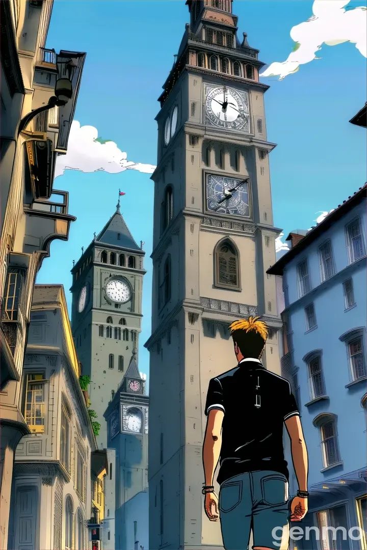 a man walking down a street past a tall clock tower