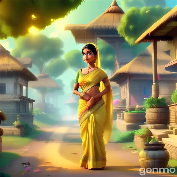  a  beautiful poor woman wearing light yellow saree standing in the vilage 3D animation cartoon  zoom out 