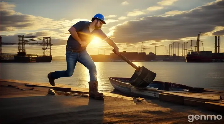 generate to me a picture of a guy kicking a half built boat