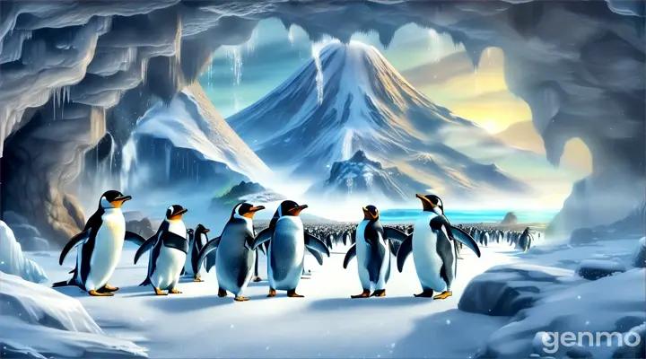 a group of penguins walking through a cave and the cave is destroying due to volcano