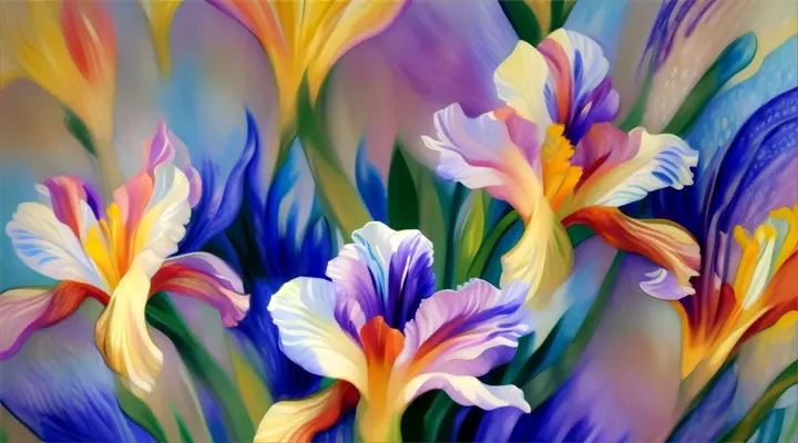 vibrant  iris flowers fill the screen in a dreamy, swirling pattern, animate a bud opening to full bloom in the style of  Matisse, focus on composition 