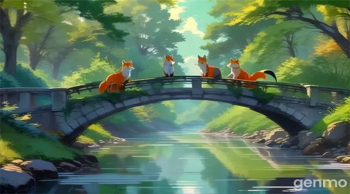 a painting of three foxes on a bridge over a river