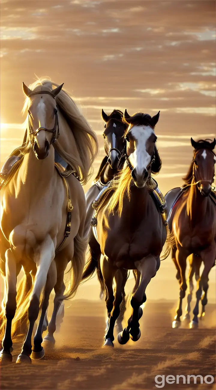 Together with four horses, they gallop towards the ground with gold and silver hooves