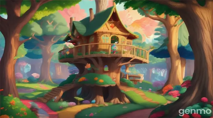 16;9 "Generate an image of a cartoon bear named Benny, waving in front of his treehouse. The forest around is full of colorful foliage and playful woodland creatures, with a welcoming sign that says 'Welcome to Benny's Treehouse. talking to children'"