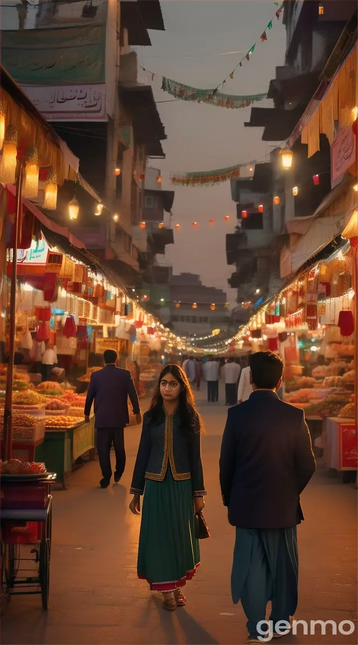 Scene: A bustling Lahore market at dusk.
Shot: Wide 8K shot.
Description: The scene opens with a Pakistani girl walking through the vibrant Anarkali Bazaar, her eyes scanning the surroundings as if searching for someone. The camera captures her boyfriend watching her from a distance, his eyes filled with longing. As she turns a corner, he follows, maintaining a respectful distance, the setting sun casting a warm glow on their faces.