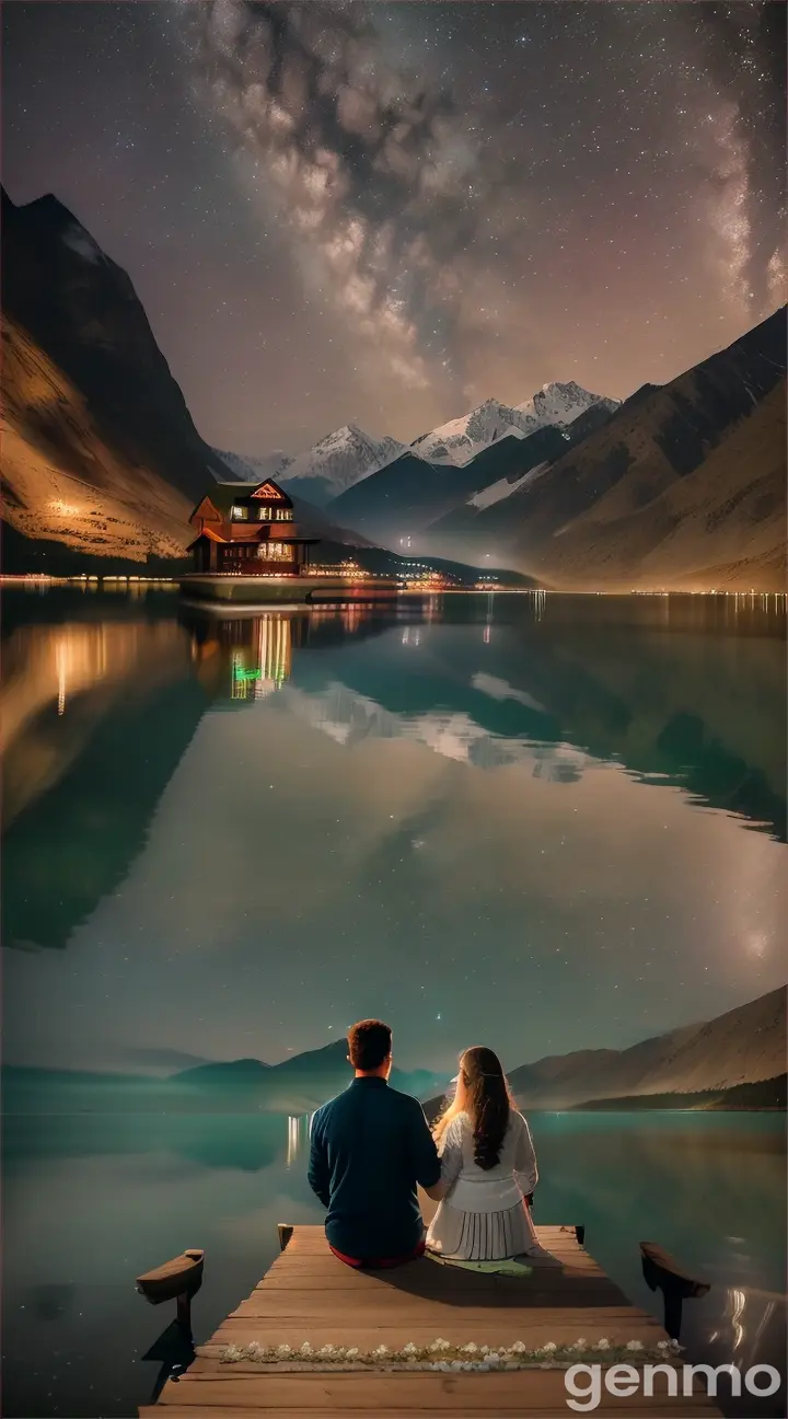 Scene: A serene lakeside under a starlit sky in northern Pakistan.
Shot: Wide 8K shot.
Description: The couple is sitting on a wooden dock by Lake Saif-ul-Malook, their feet dangling over the water. The lake reflects the starry night, creating a magical atmosphere. The boyfriend gently takes the girl's hand, and they share a tender moment of silence, gazing at the stars. A soft breeze rustles the leaves, adding to the romantic ambiance.