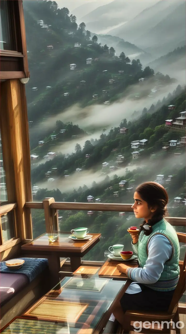 Scene: A quaint café in a picturesque hill station like Murree.
Shot: Wide 8K shot.
Description: The Pakistani girl is seated by a window, looking out at the mist-covered hills. Her boyfriend enters the café and spots her. He slowly approaches, and as he reaches her table, she looks up and smiles. They engage in a heartfelt conversation, the warmth of the café contrasting with the coolness outside, creating an intimate setting.