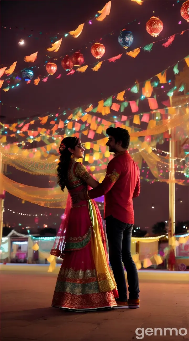 Scene: A vibrant festival with colorful lights and decorations in Lahore.
Shot: Wide 8K shot.
Description: Amidst the celebration of Basant, the couple finds a quiet corner away from the crowd. They exchange glances filled with unspoken emotions. The boyfriend softly hums the song’s melody, and the girl blushes, her eyes reflecting the twinkling lights around them. They share a brief dance, lost in their own world.