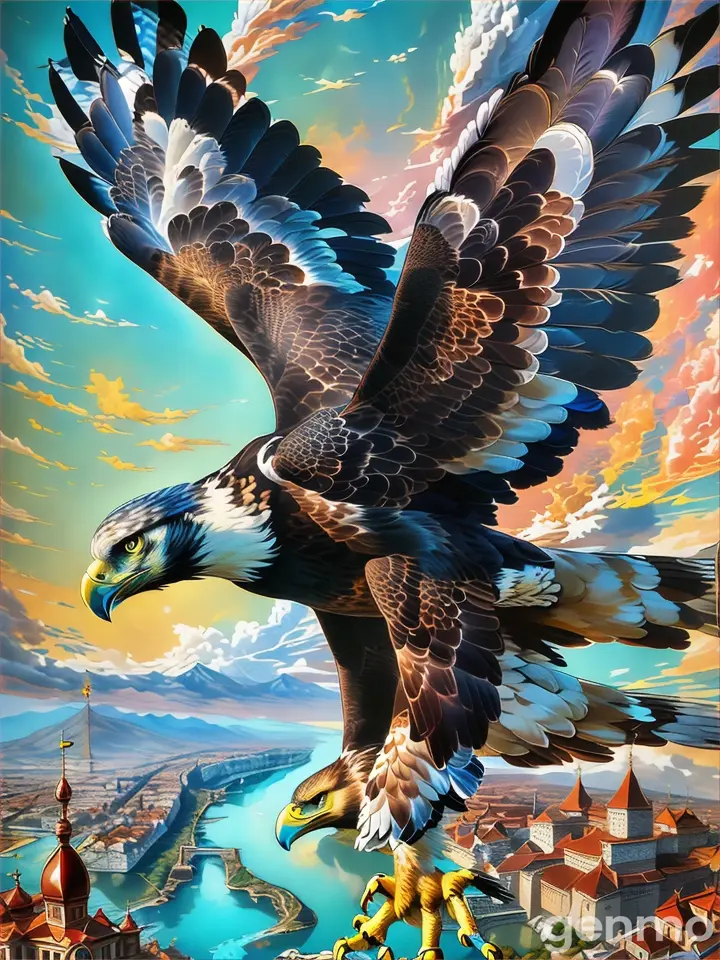 a painting of an eagle flying over a city