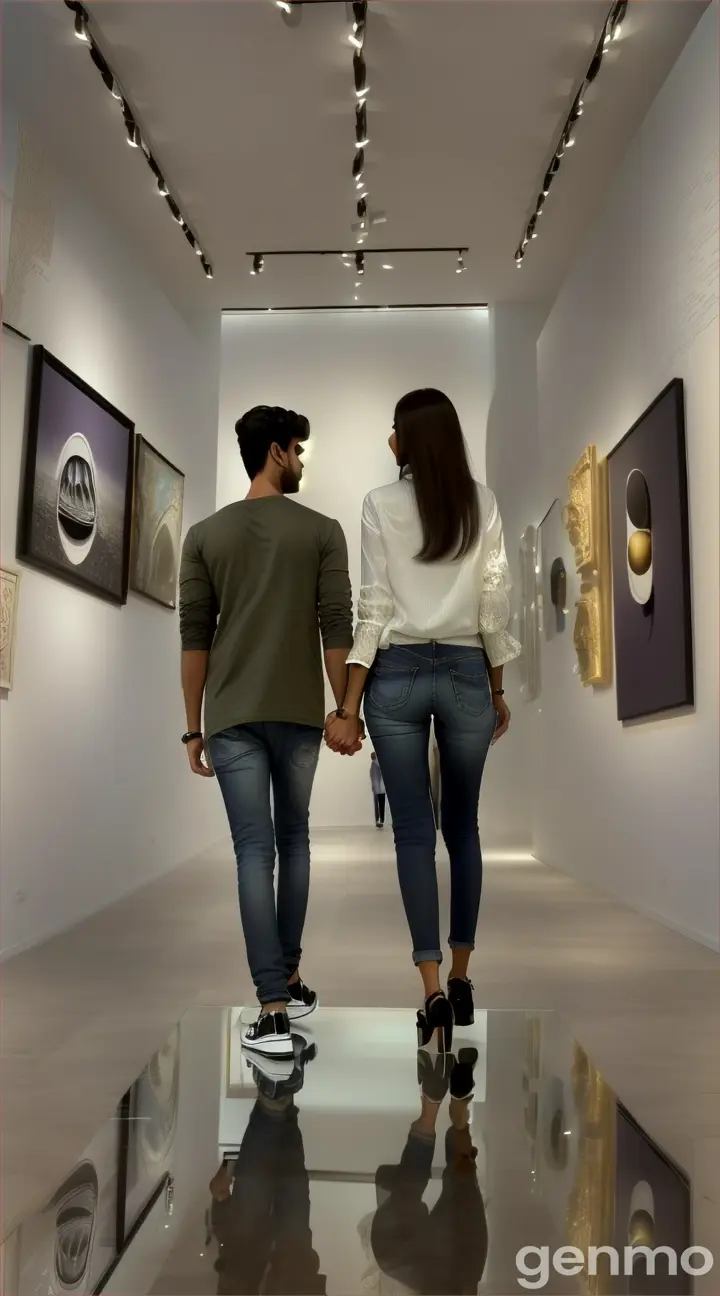 Scene: A high-end art gallery.
Shot: Wide 8K shot.
Description: The Pakistani couple walks hand in hand through the gallery, admiring contemporary artworks. The girl, in chic black jeans and a trendy top, stops in front of a painting. Her boyfriend, in jeans and a crisp shirt, stands beside her, their fingers intertwined. Their reflections are captured in the glossy floor, creating a sophisticated atmosphere.