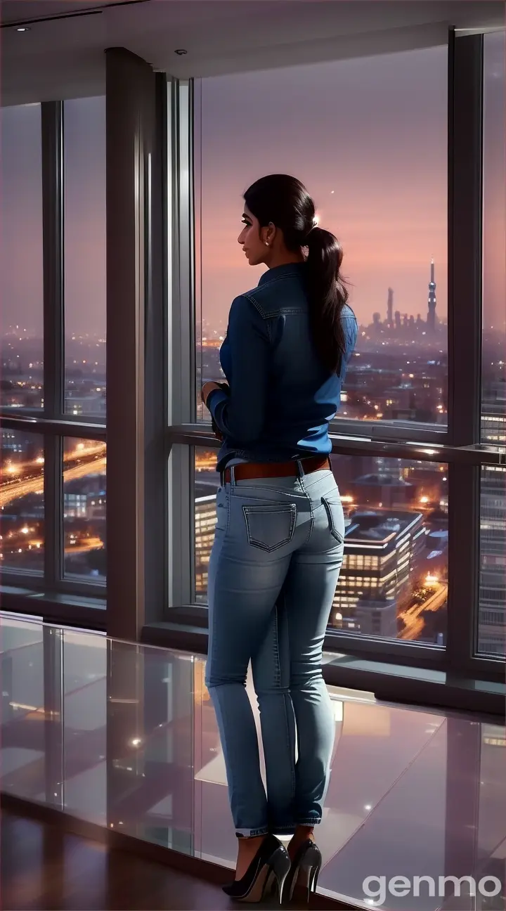 Scene: A luxurious penthouse apartment.
Shot: Wide 8K shot.
Description: The Pakistani girl, dressed in designer jeans and a stylish blouse, looks out of the floor-to-ceiling windows at the city skyline. Her boyfriend, in smart jeans and a casual shirt, joins her with a gentle embrace. The city lights reflect off the glass, highlighting their silhouettes in the opulent living space.
