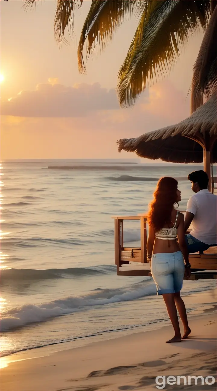 Scene: An upscale beach resort.
Shot: Wide 8K shot.
Description: The Pakistani couple relaxes on a private cabana by the pristine beach. The girl, in chic summer jeans and a light top, and the boy, in casual linen shirt and jeans, share a tender moment as the sun sets over the horizon. The sound of gentle waves and the soft glow of the setting sun create a serene, romantic scene.