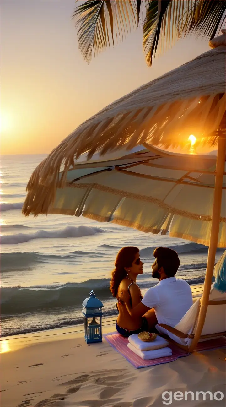 Scene: An upscale beach resort.
Shot: Wide 8K shot.
Description: The Pakistani couple relaxes on a private cabana by the pristine beach. The girl, in chic summer jeans and a light top, and the boy, in casual linen shirt and jeans, share a tender moment as the sun sets over the horizon. The sound of gentle waves and the soft glow of the setting sun create a serene, romantic scene.