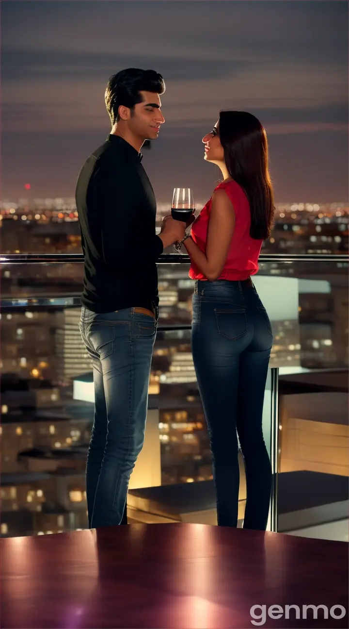 Scene: A chic rooftop bar in a luxury hotel.
Shot: Wide 8K shot.
Description: The Pakistani girl, wearing stylish skinny jeans and a fashionable blouse, stands by the edge of the rooftop, gazing at the city lights. Her Pakistani boyfriend, in dark jeans and a fitted shirt, They share a toast under the stars, the bustling city below adding to the romantic ambiance.