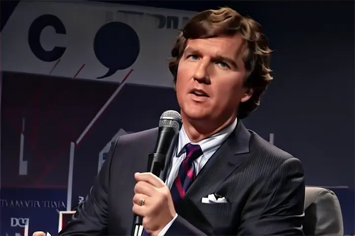 tucker carlson in a suit and tie holding a microphone sitting in a log cabin