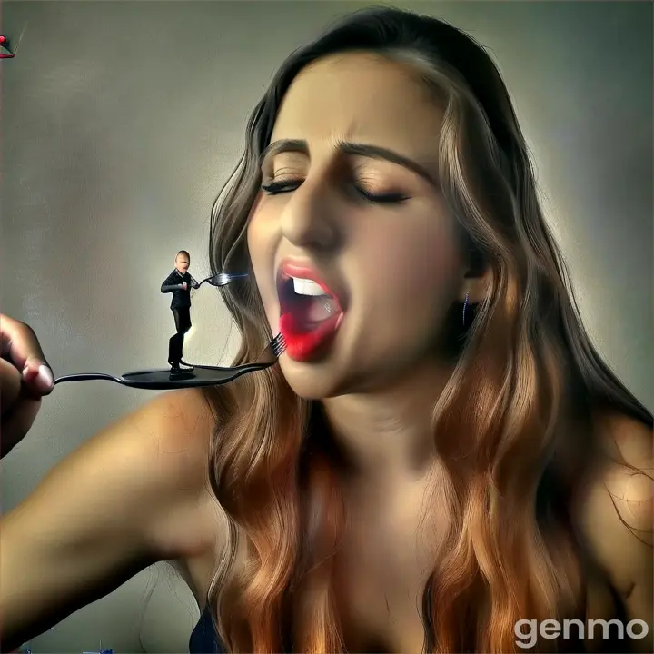 a woman holding a fork with a miniature man on top of it