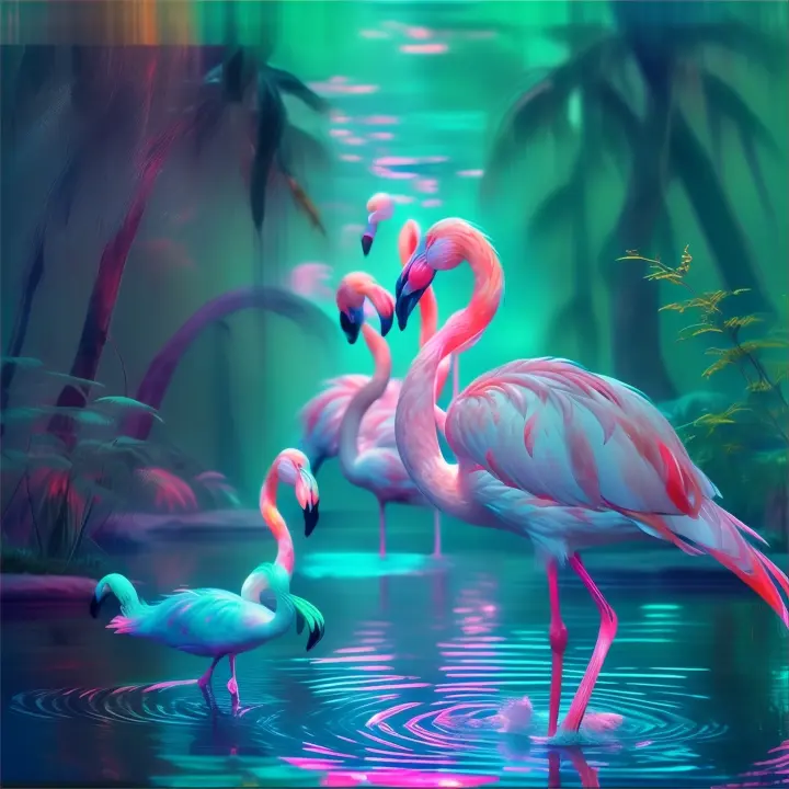 Flamingo, glowing neon, flamingos,  they are falling that light up , they glowing, neon pink glowing flamingos.  in water,  water ripples also, water reflects light,  so it would reflect the glowing neon flamingos that are glowing , advertising style
