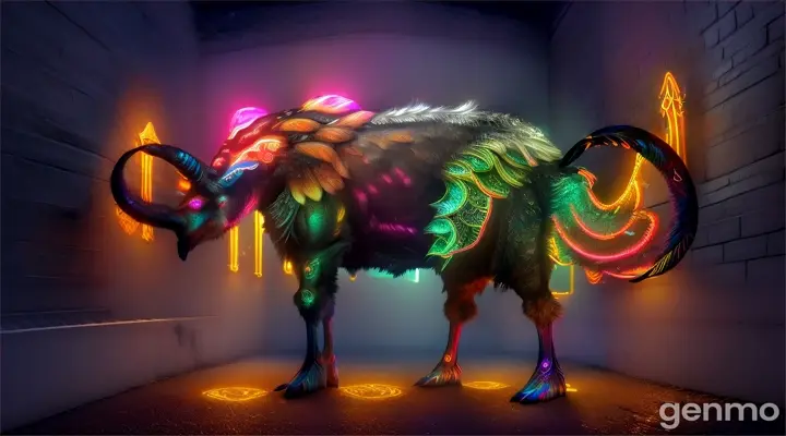 A mesmerizing portrait, neon-lit creature with a fish-like physique with ostrich legs, and with thing long horns, against a dark, gritty black background. The creature's body is a canvas of vibrant, multicolored lights, with intricate patterns and designs that seem to shift and pulse in the light. Its eyes glow like bright, neon embers, while its ears are adorned with gleaming, metallic accents. The creature's reflection is visible on a shiny, wet surface below, giving the impression of a dark, rain-soaked alleyway. The overall effect is a fusion of cyberpunk and horror elements, with the creature's electrifying appearance seeming to crackle with energy and tension. The image is a remix of contrasting styles, blending the natural and the synthetic in a way that's both captivating and unsettling., wildlife hyper realistic photography, UHD HD HDR 16K