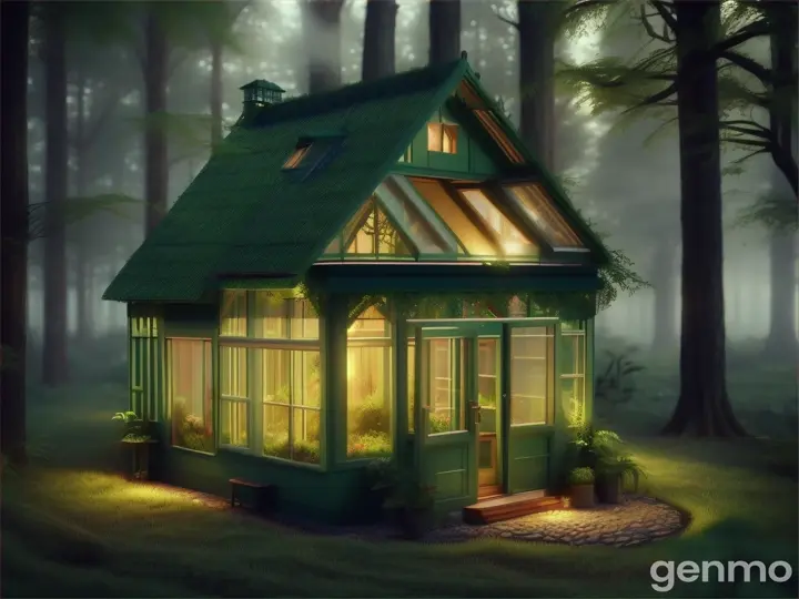 a small green house in the middle of a forest