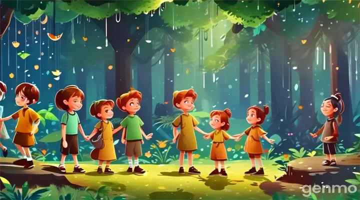 a group of children standing in the middle of a forest