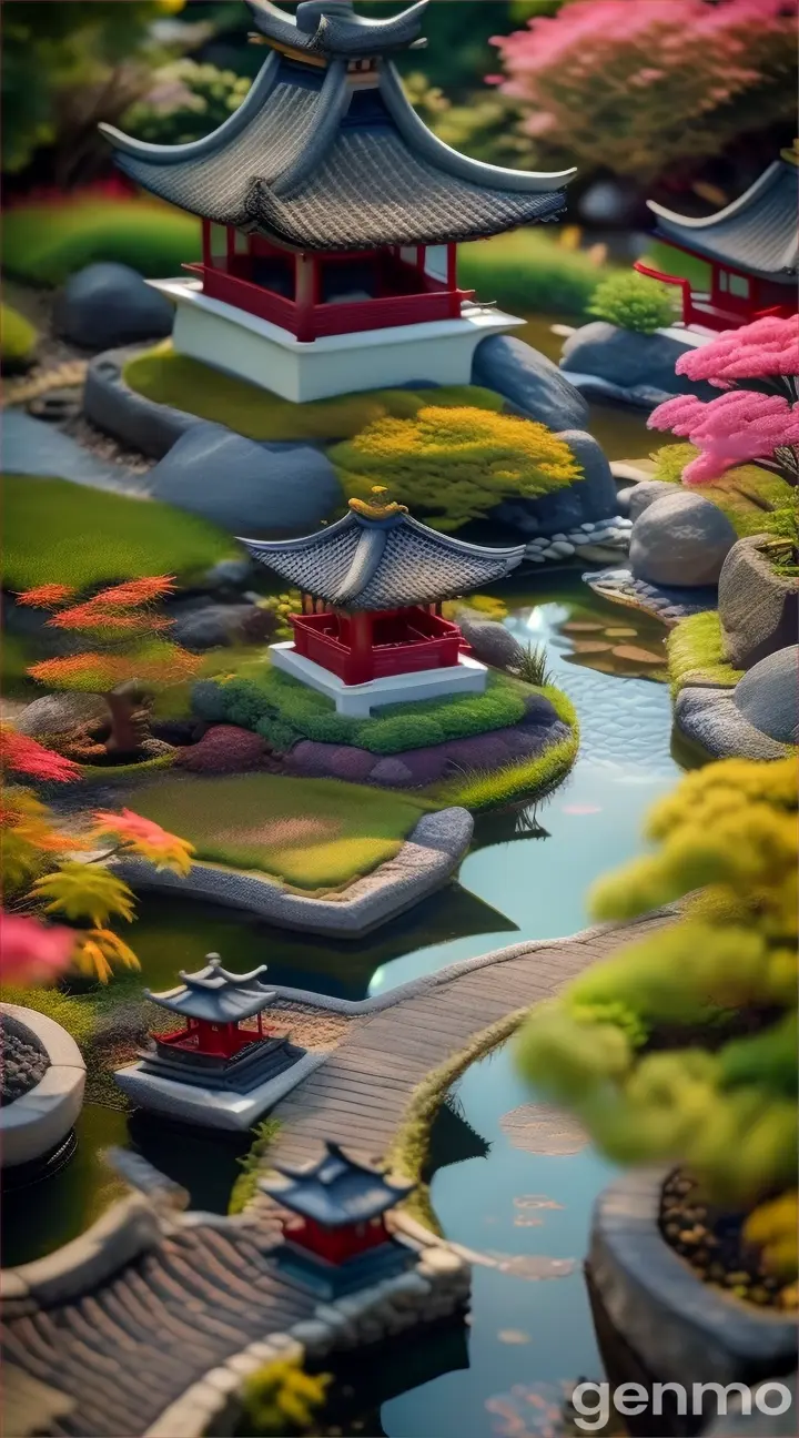 a model of a japanese garden with a pond and pagodas