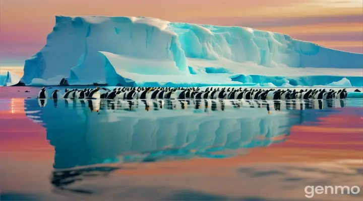 large group of penguins in ocean with iceberg