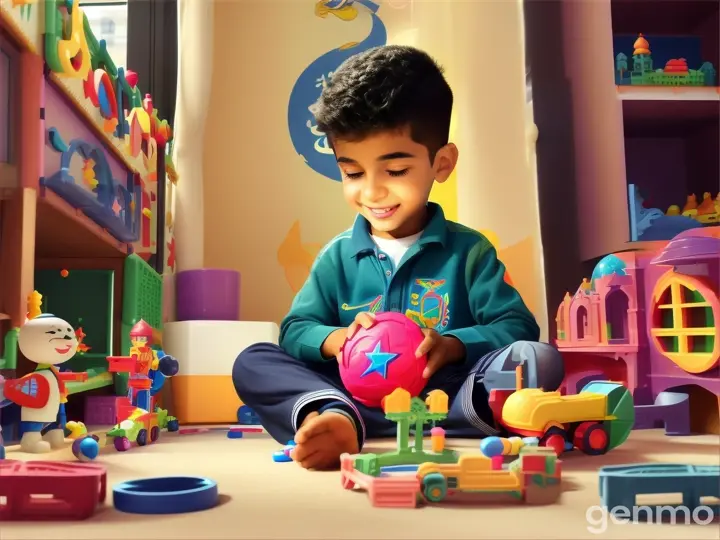 A Muslim boy playing with toys cartoon image