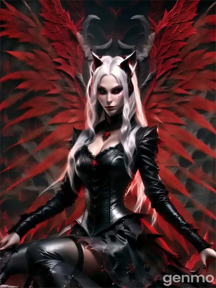 a woman with white hair and red wings