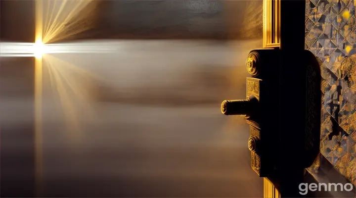 A hand with black cracks pressing a doorbell. The environment is a medieval staircase with carved panels. The background is a technocratic house with luminous openings to other universes from which yellow smoke and particles emanate.