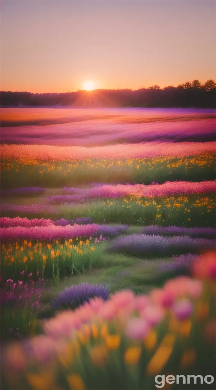 a high quality professional photo of a field with flowers at sunrise, nature, morning light, vibrant colors, serene, inspirational, landscape photography, soft focus, front view, wide shot, bokeh, peaceful, natural beauty, 4k.