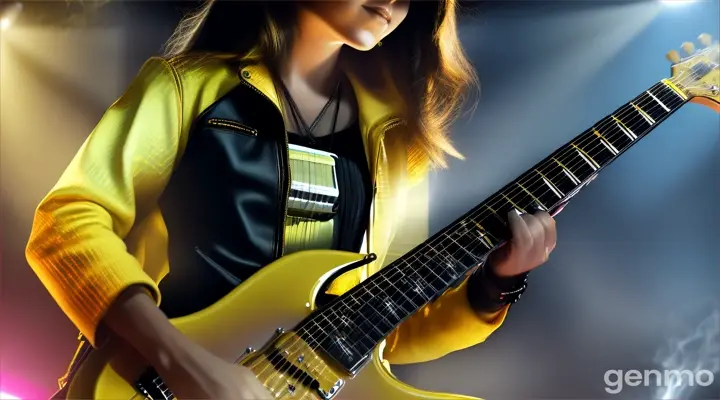 Closeup Brutal electric guitar with clear guitar strings and an dark evil female guitarist with yellow jacket playing the guitar. The background is a rock scene with spots and smoke in the air. Cinematic lighting.