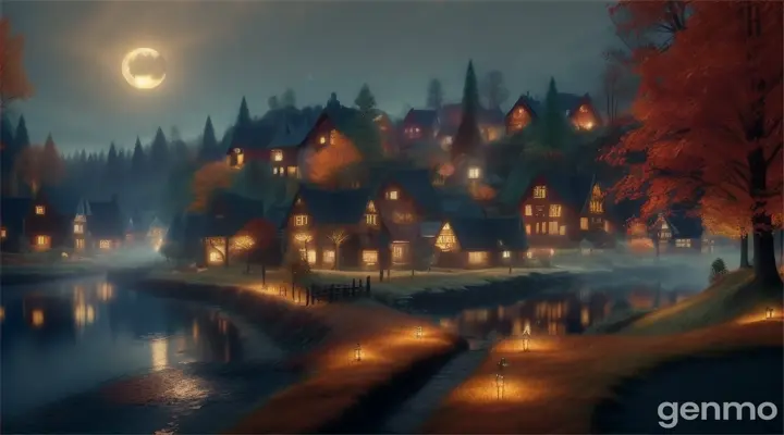  forest autumn village night time zoom in