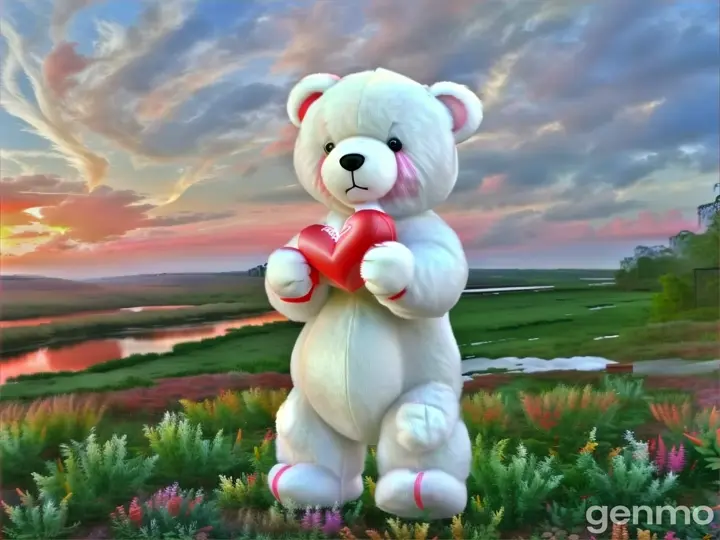 a white teddy bear with a red heart in his hands dances with joy after receiving a gift