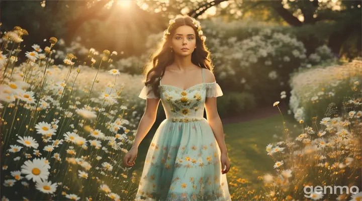 A cinematic photo of a brunette model in a magical dress made of daisies and daisy wreaths, striding confidently through a blooming garden with singing birds, the model's flawless skin shining like a beacon of hope in a devastated cityscape. Shot with a shallow depth of field to blur the surroundings, highlighting her striking, rebellious pose. Full body, golden hour. 16:9