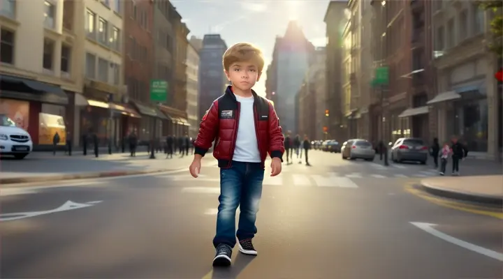 action:walking  kid on the street 3d he look at the camera